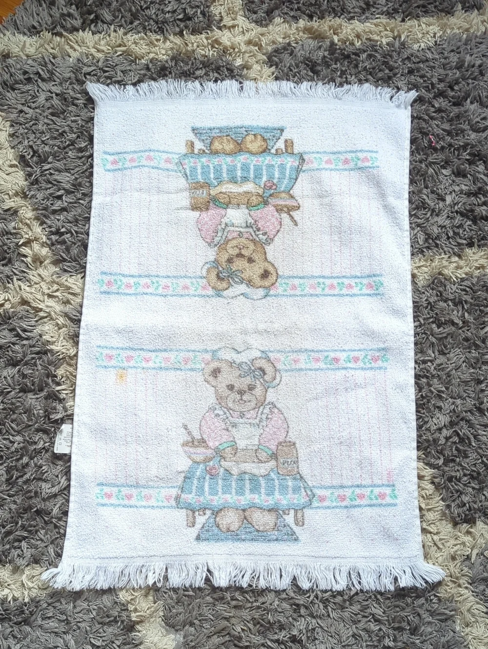 Cute Vintage Grannycore Teddy Bear Kitchen Towel Pink and Teal With Hearts